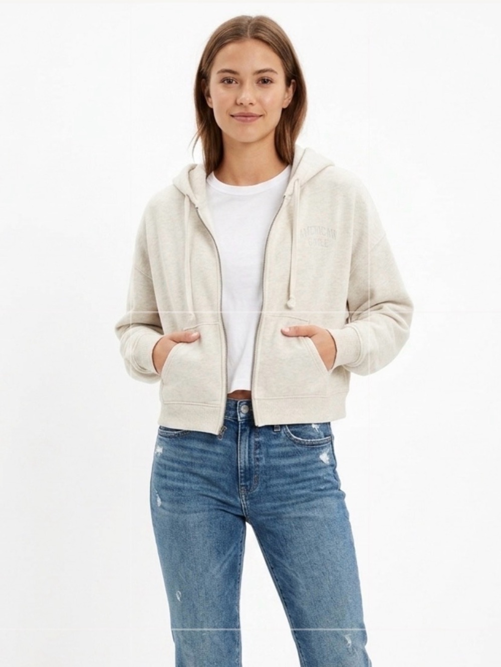 American Eagle Outfitters classic Oatmeal Zip Hoodie with Hood- cropped, Large